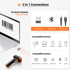 Eyoyo 2D Barcode Scanner with Base, 3-in-1 Bluetooth & USB Wired & 2.4G Wireless Barcode Scanner, 2500mAh Battery with Power Level Indicator, Work with Windows, Android, iOS, Tablets or Computers