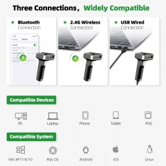Eyoyo 2D Barcode Scanner, 3 in 1 Wireless Barcode Scanner with 2500mAh Battery, Power Level Indicator Design, Auto Scanning Available, Universal for Warehouse, Library, Bookstore, Supermarket