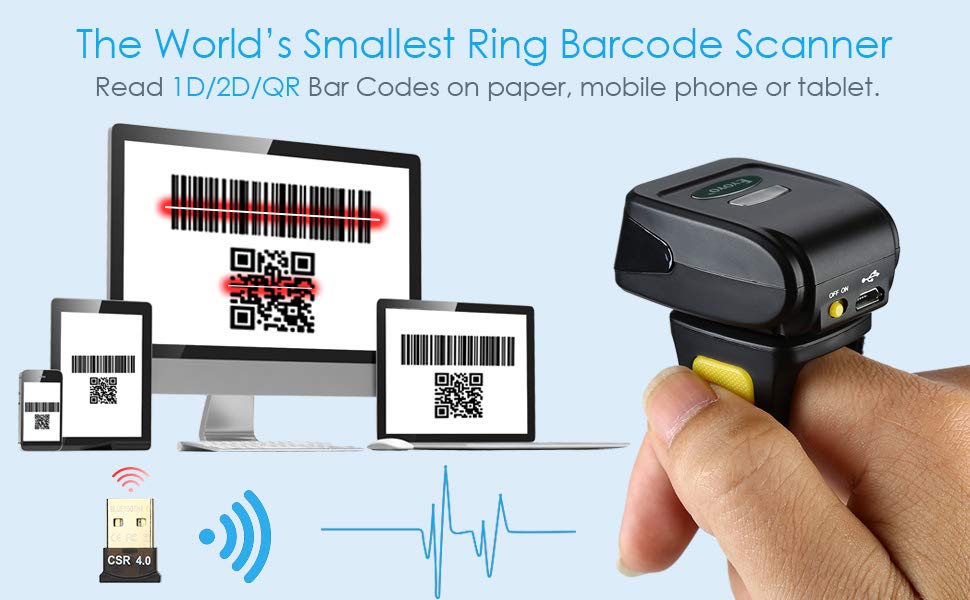 Portable Ring 1D 2D QR Barcode Scanner,Wearable Wireless Finger Mini Bar Code Reader Compatible for Windows, Mac OS, Android 4.0+, iOS Support Scan QR PDF417 DataMatrix on Screen and Paper