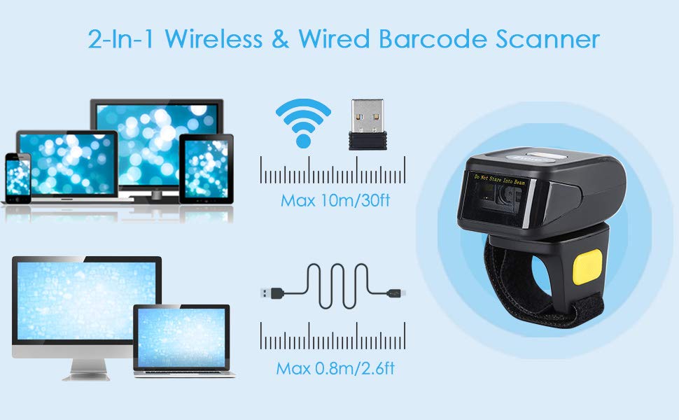 Portable Ring 1D 2D QR Barcode Scanner,Wearable Wireless Finger Mini Bar Code Reader Compatible for Windows, Mac OS, Android 4.0+, iOS Support Scan QR PDF417 DataMatrix on Screen and Paper