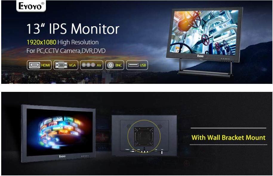 Eyoyo 13 inch IPS HDMI Monitor 1920x1080 16: 9 LCD Screen Display Support HDMI BNC VGA AV USB Intput for DVD PC Laptop Home Security System with Loudspeakers