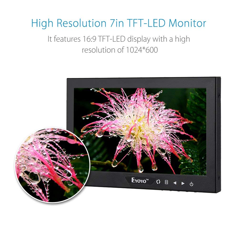 Eyoyo 7 Inch Mini Small TFT LCD Full HD Monitor Portable Display Screen 1024x600 with HDMI BNC VGA AV Input