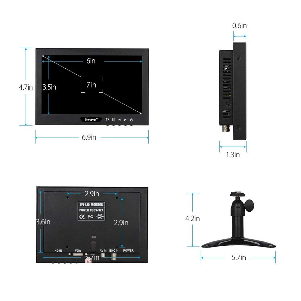 Eyoyo 7 Inch Mini Small TFT LCD Full HD Monitor Portable Display Screen 1024x600 with HDMI BNC VGA AV Input