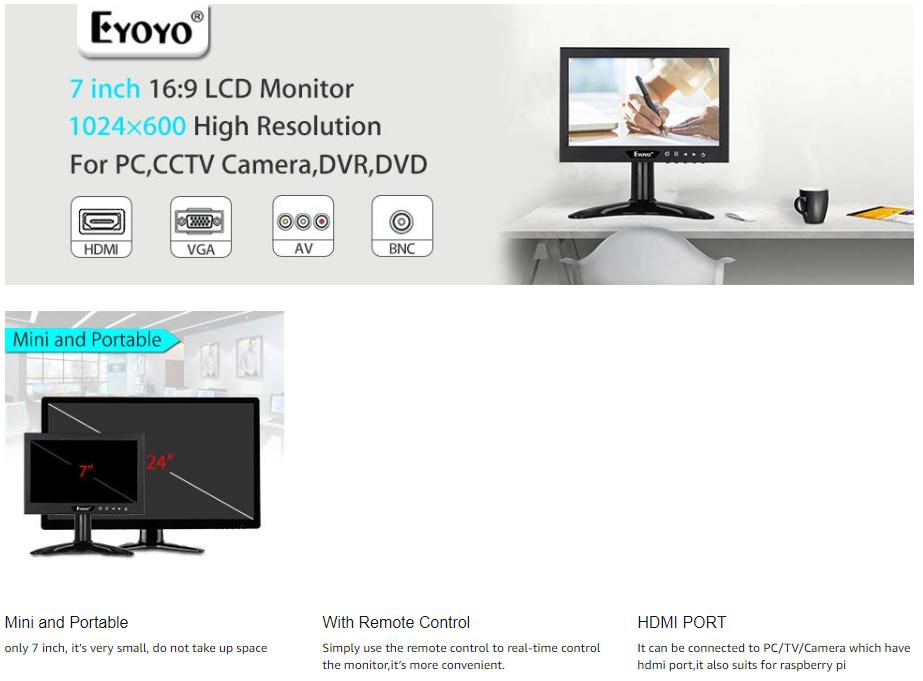 Eyoyo 7 Inch Mini Small TFT LCD Full HD Monitor Portable Display Screen 1024x600 with HDMI BNC VGA AV Input