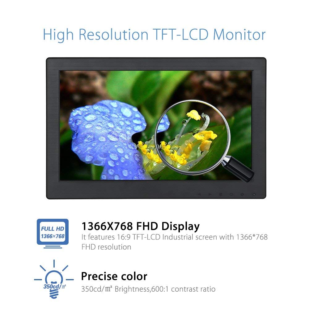 Eyoyo 12 Inch 16:9 Mini TFT LCD HDMI HD Monitor Screen 1366x768 Resolution with HDMI VGA BNC AV Input for PC Display