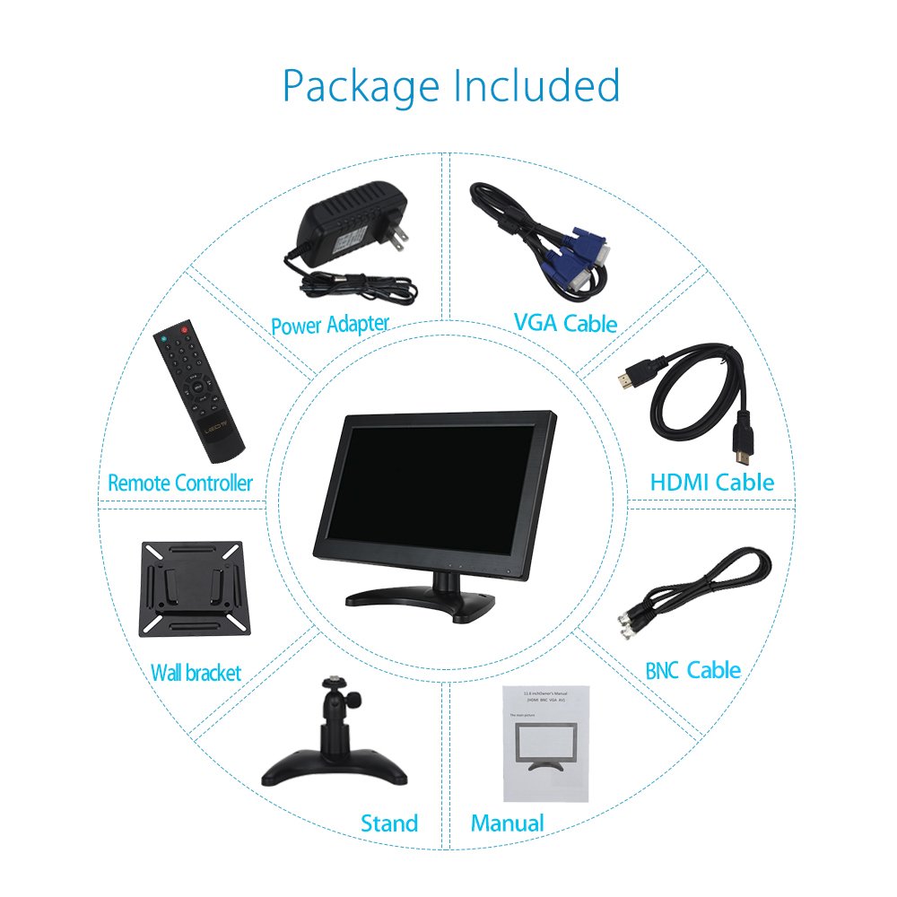 Eyoyo 12 Inch 16:9 Mini TFT LCD HDMI HD Monitor Screen 1366x768 Resolution with HDMI VGA BNC AV Input for PC Display