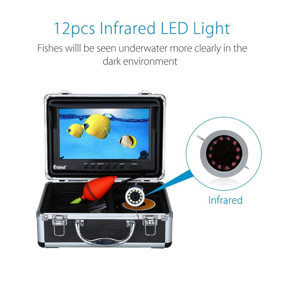 Eyoyo Underwater Fishing Camera Video DVR Recording Fish Finder 7 Inch LCD Monitor HD 1000 TVL Waterproof Camera Adjustable Infrared & White Light for Ice Lake Sea Boat Kayak Fishing 30m(98ft) Cable