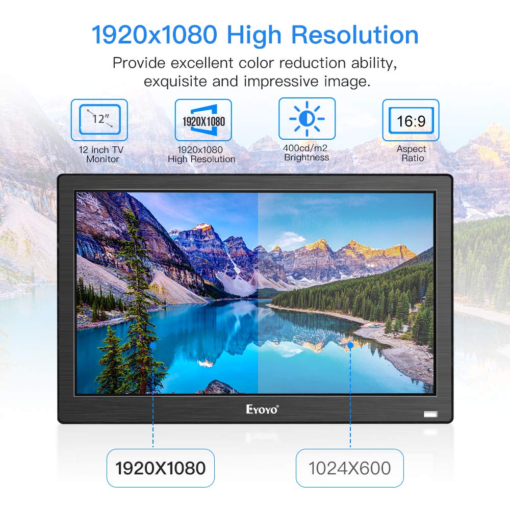 Eyoyo 12 inch Small TV Portable HDMI Monitor Kitchen TV with 1920x1080 IPS LCD Screen Display w/TV/HDMI/VGA/AV-BNC/USB Inputs & Dula Loud Speakers & Remote Control