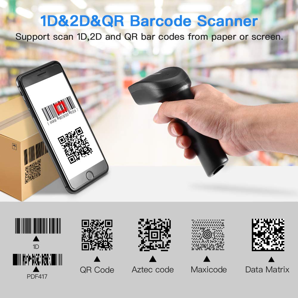 Eyoyo 1D 2D QR Bluetooth Handheld Barcode Scanner, 3-in-1 Bluetooth & 2.4G Dongle Wireless & Wired Connection, CCD PDF417 Data Matrix Bar Code Reader for iPad, iPhone, Android Phones, Tablets or Windows