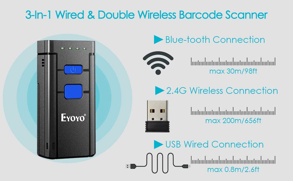 Portable Wired & 2.4G Wireless Barcode Scanner, Mini Handheld CCD Barcode Reader for POS, iPad, iPhone, Android Phones, Tablets or Computers with Receiver