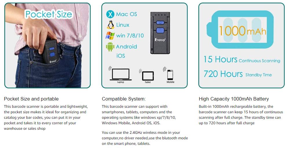 Portable Wired & 2.4G Wireless Barcode Scanner, Mini Handheld CCD Barcode Reader for POS, iPad, iPhone, Android Phones, Tablets or Computers with Receiver
