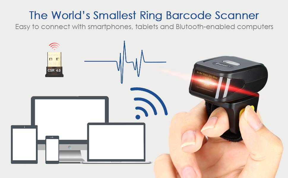 Eyoyo 1D Wireless Ring Barcode Scanner, Compatible with Bluetooth Function & 2.4GHz Wireless & Wired Connection, Portable Wearable Mini Finger Bar Code Reader Work with Windows, Mac OS, Android 4.0+,