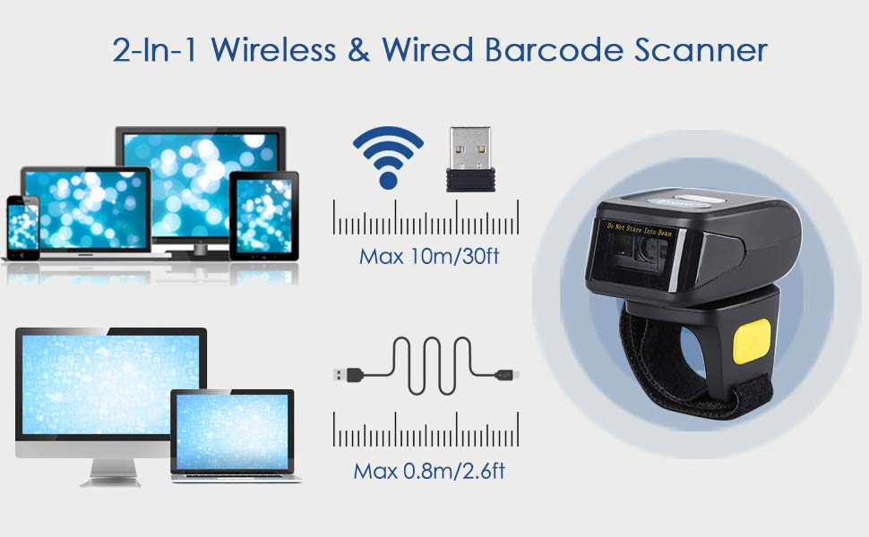 Eyoyo 1D Wireless Ring Barcode Scanner, Compatible with Bluetooth Function & 2.4GHz Wireless & Wired Connection, Portable Wearable Mini Finger Bar Code Reader Work with Windows, Mac OS, Android 4.0+,