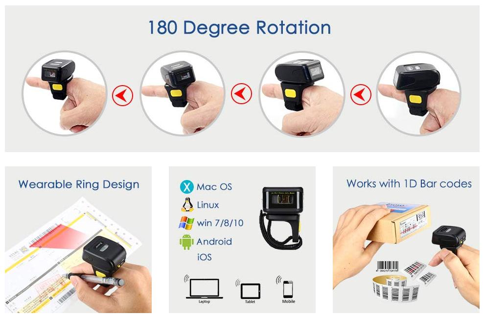 Eyoyo 1D Wireless Ring Barcode Scanner, Compatible with Bluetooth Function & 2.4GHz Wireless & Wired Connection, Portable Wearable Mini Finger Bar Code Reader Work with Windows, Mac OS, Android 4.0+,