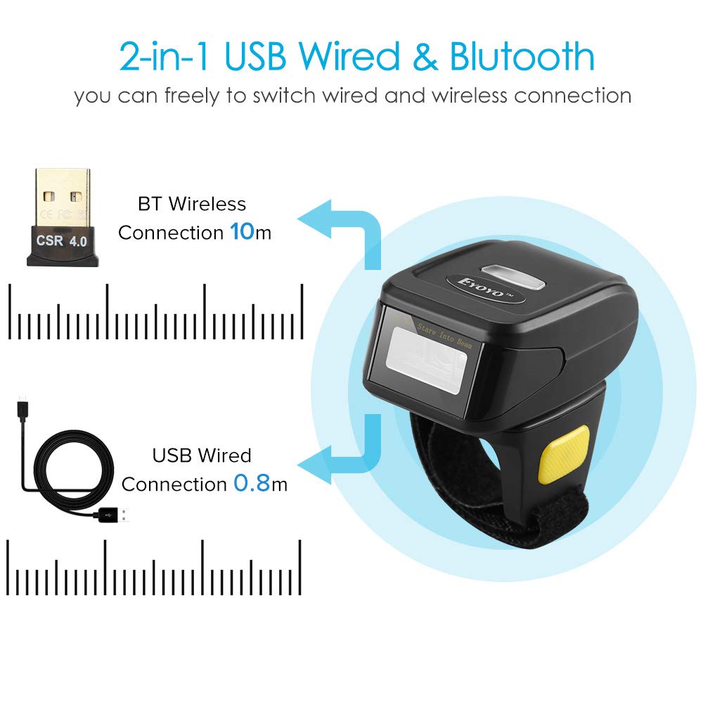 Portable Ring 1D 2D QR Barcode Scanner,Wearable Wireless Finger Mini Bar Code Reader Compatible for Windows, Mac OS, Android 4.0+, iOS Support Scan QR PDF417 DataMatrix on Screen and Paper