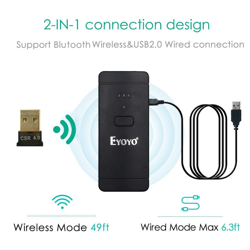 Eyoyo 1D 2D QR Wireless Barcode Scanner, Compatible with Bluetooth Function & Wired Connection Portable CCD PDF417 Data Matrix Bar Code Reader for Mobile Payment Computer Screen