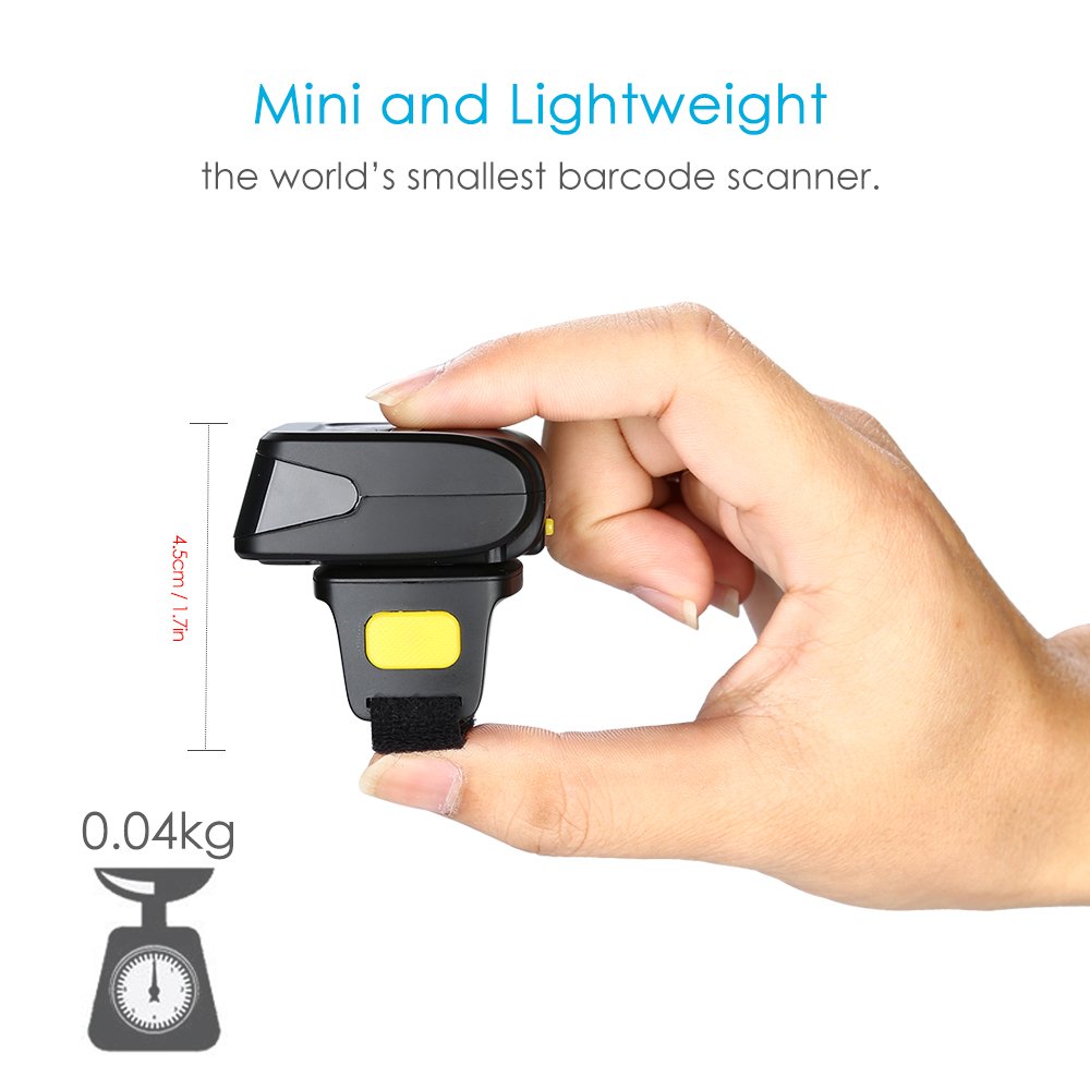Portable Ring 1D 2D QR Barcode Scanner,Wearable Wireless Finger Mini Bar Code Reader Compatible for Windows, Mac OS, Android 4.0+, iOS Support Scan QR PDF417 DataMatrix on Screen and Paper