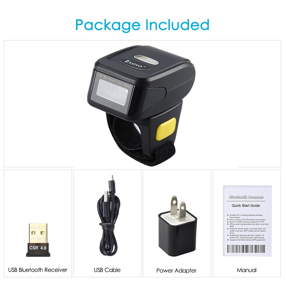 Portable Ring 1D 2D QR Barcode Scanner,Wearable Wireless Finger Mini Bar Code Reader Compatible for Windows, Mac OS, Android 4.0+, iOS Support Scan QR PDF417 DataMatrix on Screen and Paper