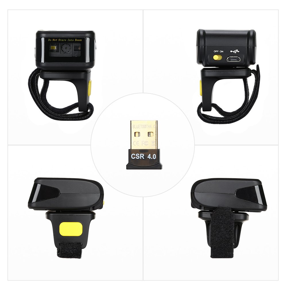 Portable Ring 1D 2D QR Barcode Scanner,Wearable Wireless Finger Mini Bar Code Reader Compatible for Windows, Mac OS, Android 4.0+, iOS Support Scan QR PDF417 DataMatrix on Screen and Paper