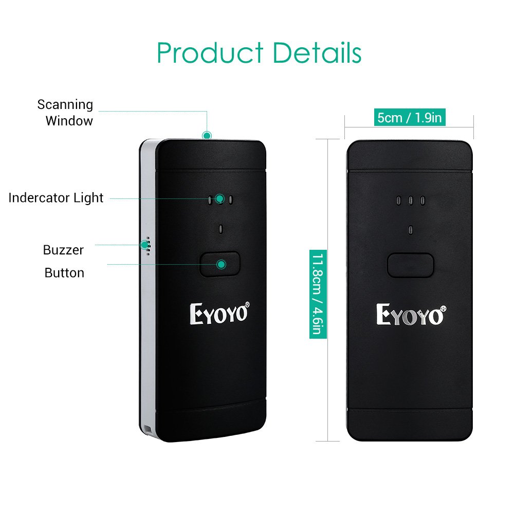 Eyoyo 1D 2D QR Wireless Barcode Scanner, Compatible with Bluetooth Function & Wired Connection Portable CCD PDF417 Data Matrix Bar Code Reader for Mobile Payment Computer Screen