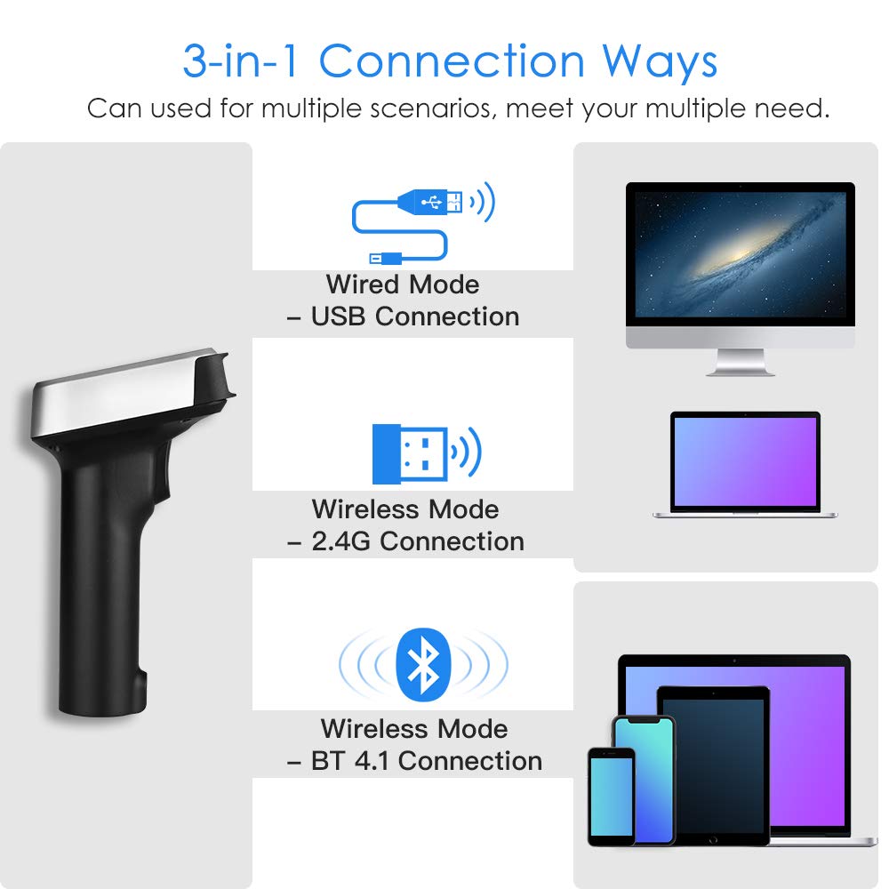 Eyoyo 1D 2D QR Wireless Barcode Scanner, Compatible with Bluetooth Function & 2.4GHz Wireless & Wired Connection, CCD PDF417 Data Matrix Bar Code Reader for iPad, iPhone, Android Phones, Tablets
