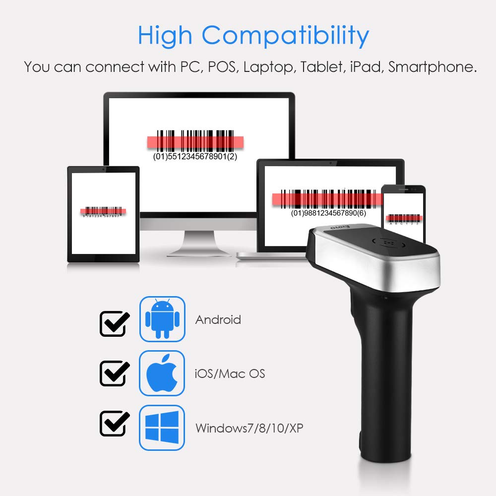 Eyoyo 1D 2D QR Wireless Barcode Scanner, Compatible with Bluetooth Function & 2.4GHz Wireless & Wired Connection, CCD PDF417 Data Matrix Bar Code Reader for iPad, iPhone, Android Phones, Tablets