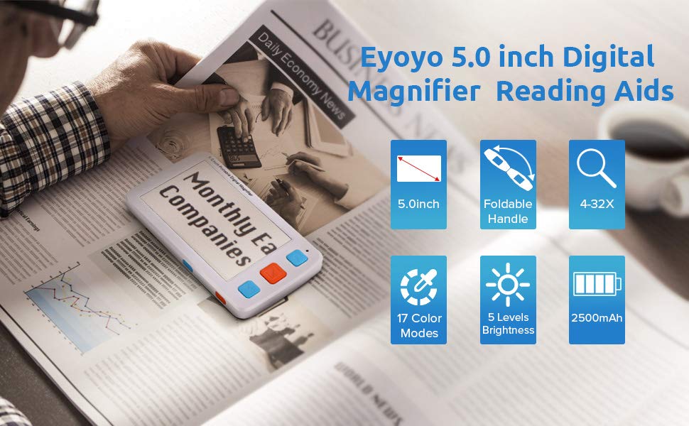 Eyoyo Portable Digital Magnifier Electronic Reading Aid 5.0 inch w/Foldable Handle for Low Vision Color Blindness 4X-32X Times Zoom 17 Color Modes 5 Levels for Brightness Eyoyo Portable Digital Magnifier Electronic Reading Aid 5.0 inch w/Foldable Handle for Low Vision Color Blindness 4X-32X Times Zoom 17 Color Modes 5 Levels for Brightness