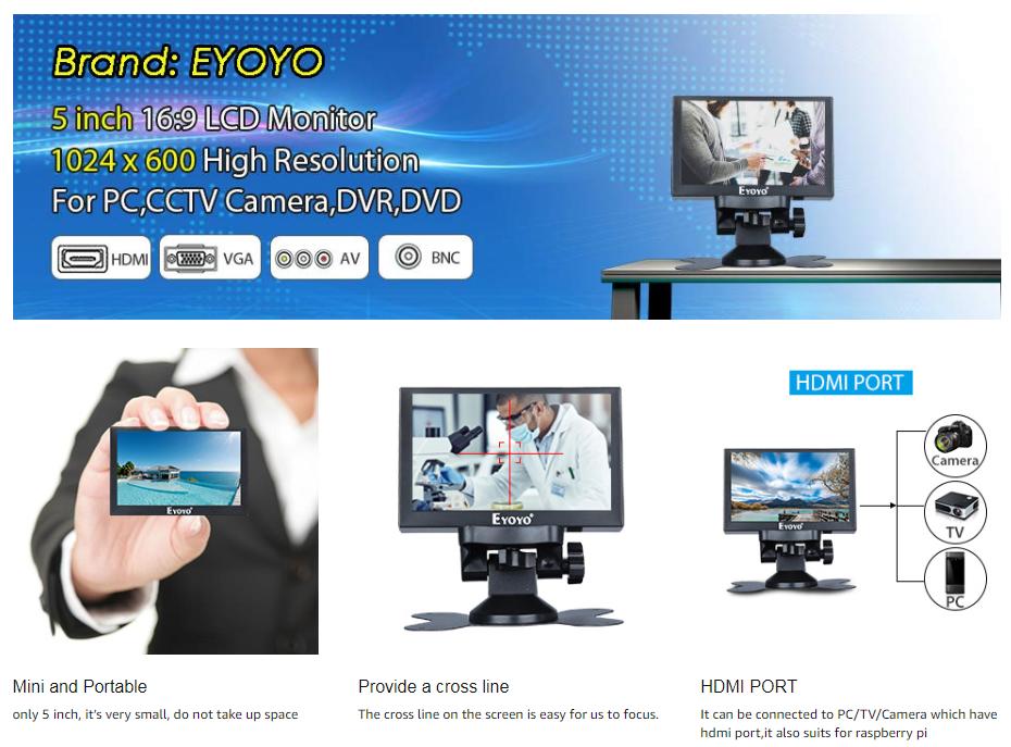 Eyoyo 5 inch Mini Monitor HD 800x480 16:9 TFT LCD Screen Display with BNC VGA AV HDMI Input, Built-in Speaker